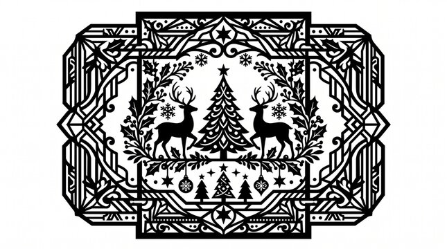 Black and white laser cut christmas decorative frame with deer and pine trees