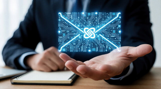 Businessman holds glowing blue digital email icon above hand in office. High tech circuit pattern envelope symbol represents secure electronic mail, data protection. Pro man manages private cyber