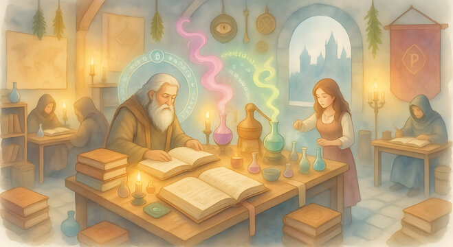 Soft Watercolor Painting of Medieval Alchemist Laboratory and Scholars