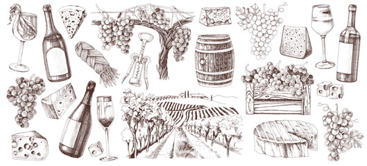 Fototapeta premium Wine, cheese and vineyard illustrations set