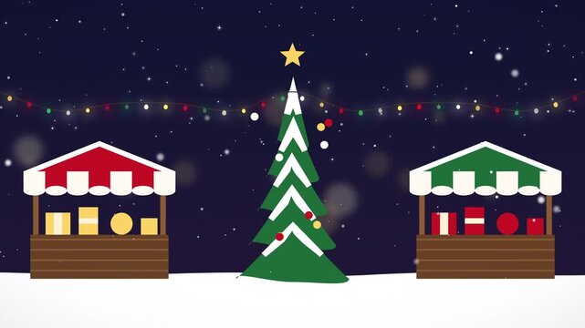 Christmas Market Stalls with Lights in Snow Loop Background