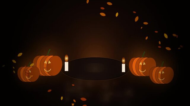 Halloween pumpkin lantern set with flickering candles and falling leaves on dark background.