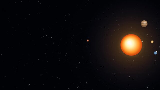 Planets orbiting bright star in deep space animation digital representation for science.