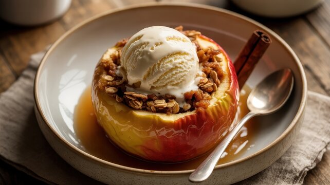 Baked stuffed apple topped with vanilla ice cream and cinnamon in a bowl. Delicious autumn dessert for restaurant menus.