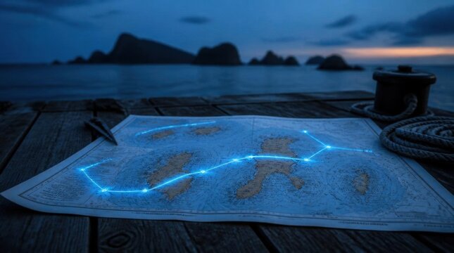 Nautical map with glowing constellation on wooden pier at dusk, showing islands and sea.