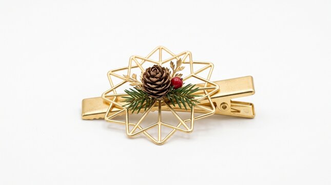 Golden star shaped holiday hair with pine cone and berries