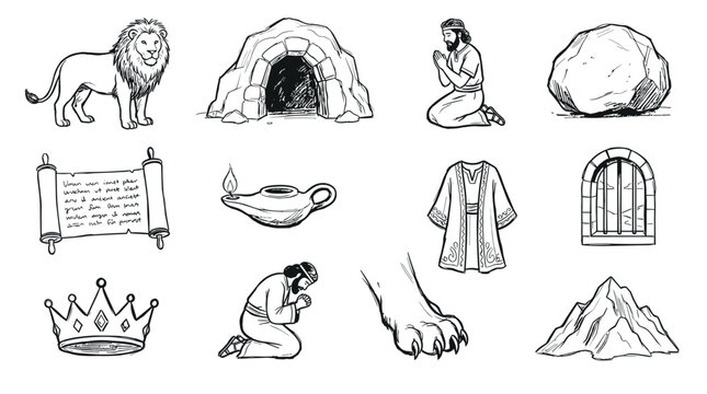 Hand drawn ancient biblical symbols, religious elements, and historical illustrations depicting stories of faith, courage, and divine intervention in a classic sketch style.