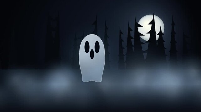 Cute cartoon ghost floating in spooky dark forest under full moon light Halloween loop.