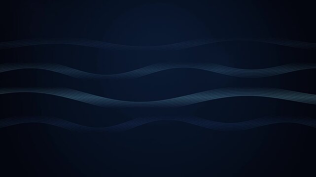 Abstract dark blue background featuring smooth glowing digital wave lines in slow motion.