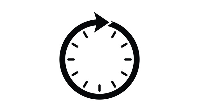 Minimalist black vector graphic clock icon featuring rotating directional arrows for time management concepts