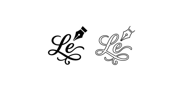 Creative calligraphy writing logo design featuring elegant script font and fountain pen nib for professional artistic stationery.