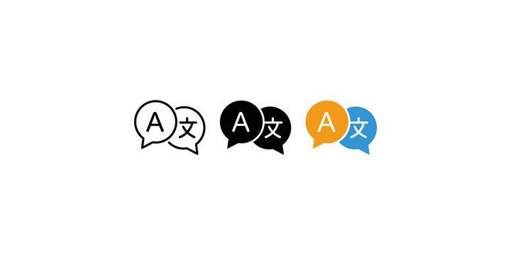Language translation speech bubble icons for multilingual communication and localization services.