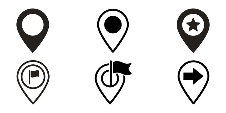 Set of black map pointer icons and location symbols featuring flags and stars for navigation
