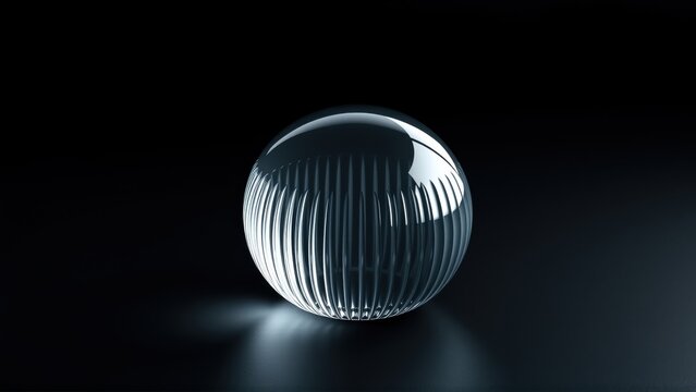 Silver sphere rests upon dark surface. Ribbed texture catches light, creating subtle shadow play. Minimalist composition, sleek design.