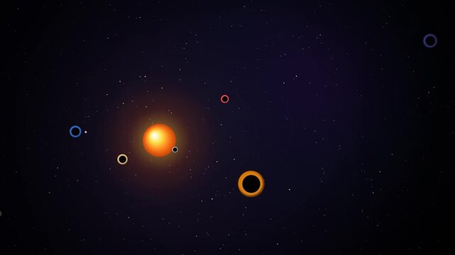 Minimalist solar system animation with stylized colorful planets orbiting bright yellow sun.
