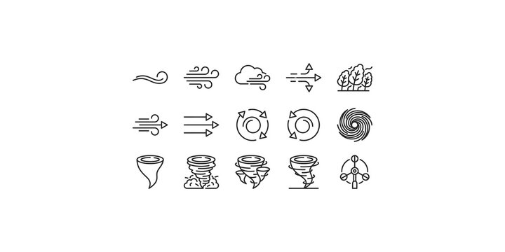 Comprehensive weather wind and storm icons set for meteorological forecasting and climate apps.