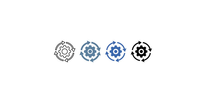 Set of four gear icons with circular arrows in blue and black colors for project management and development processes.