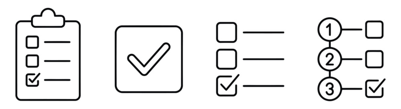Checklist and task management line icon set for planning organization and business workflow tracking.