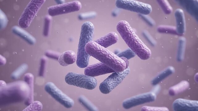 Microscopic view of rod shaped bacteria cells in purple and blue hues, gently floating and moving in 3d space, abstract science background footage.