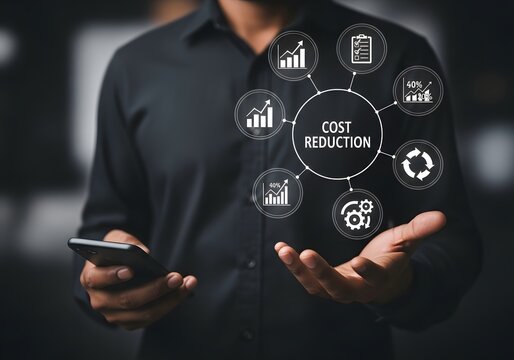 Businessman holding smartphone and gesturing towards a glowing cost reduction financial diagram