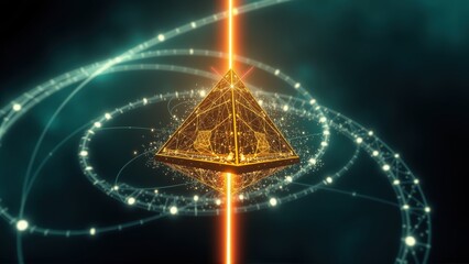 Fototapeta premium Golden pyramid glows, surrounded by orbiting lights. Abstract digital art, futuristic design, dark background creates depth.