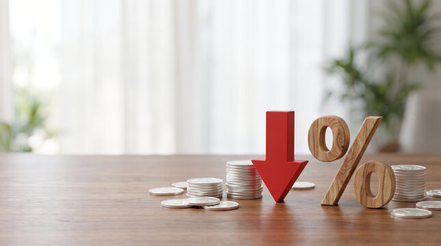Coins stacked decrease with red downward arrow and percentage symbol. Finance investment recession crisis. money budget saving expense, value reduction down decayed, risk loss