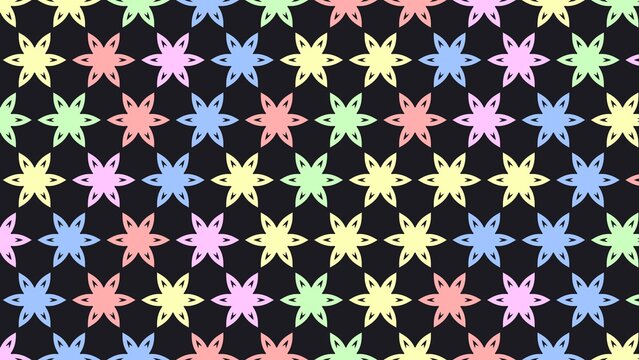 Seamless Geometric Pattern with Colorful Pastel Flower Stars on Dark Background