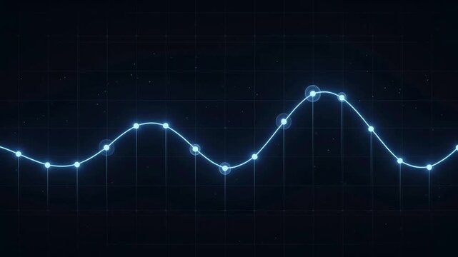 Digital wave data graph visualization displays fluctuating information on dark grid background with futuristic glow effects and animated points.