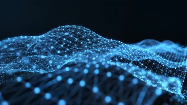 Glowing blue particle wave flowing on black background