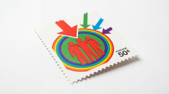 Vintage postage stamp featuring stylized people icons within colorful concentric rainbow circles and pointing arrows on a plain white background