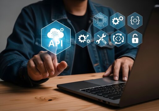 Software developer pointing at a cloud api hologram interface next to a laptop on a wooden desk