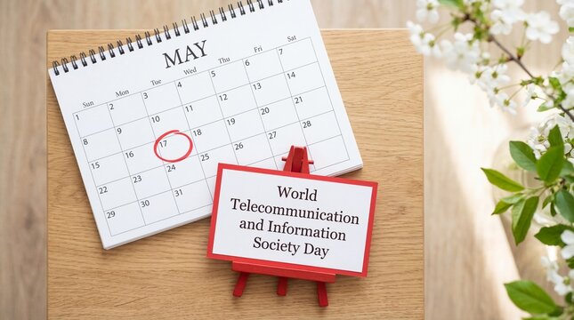 World Telecommunication and Information Society Day concept on May 17 calendar with spring flowers