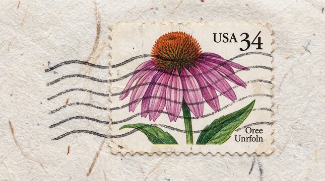 Close up of vintage postage stamp with purple coneflower botanical illustration and postmark on textured paper