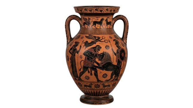 Ancient ceramic amphora decorated with mythological scene