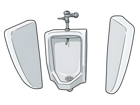 Vector Illustration of Modern Ceramic Wall-Mounted Urinal with Privacy Dividers, Toilet Bathroom Fixture Flat Art Graphic Isolated on White Background