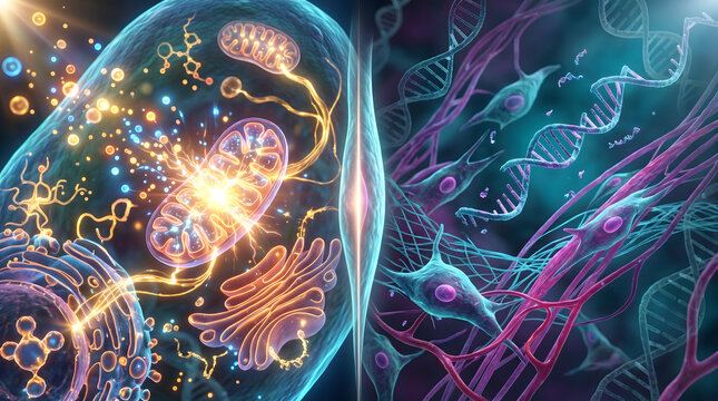 3D illustration comparing active healthy cell with glowing mitochondria and aging cellular structure