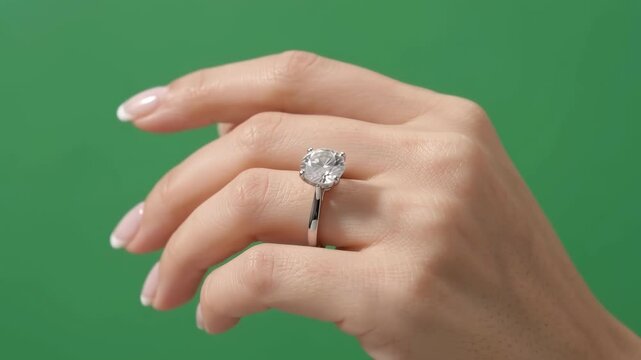 Close up of woman hand wearing diamond ring on green background