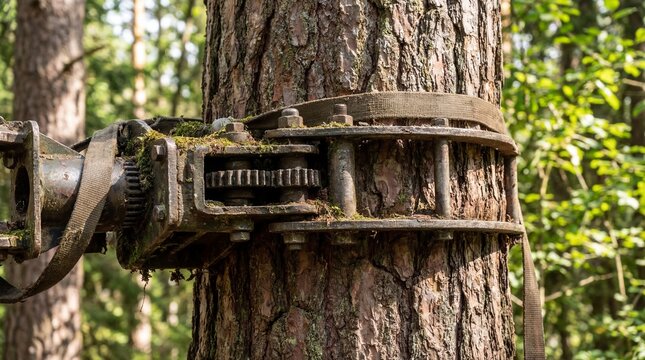 Weathered and robust metal mechanism, resembling an old industrial winch or logging gear, securely fastened to the sturdy, bark-covered trunk of a large tree in a sun-drenched forest environment