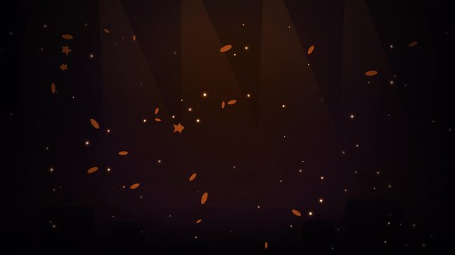 Golden confetti and stars falling on dark stage background with warm theatrical lighting.