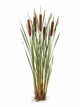 Tall green cattail wetland reed cluster with heads isolated on white background. Upright typha marsh stalks with velvety brown seed heads on pond soil. Freshwater swamp flora creates.