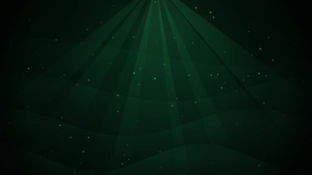 Abstract green motion background with glowing light rays dust particles and wave shapes.