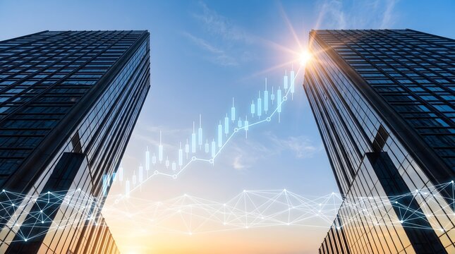 Modern skyscrapers framing a bright sky with an upward trending stock market graph and abstract network connections symbolizing financial growth and global connectivity.