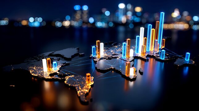 Global business growth and data analytics visualized on a world map with glowing city lights and rising bar charts representing international finance and digital connections.