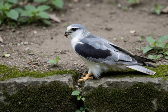 Grey hawk predator sits on mossy stone ledge. Bird holds small insect prey in beak. Wild raptor hunts in forest ground habitat. Close up portrait of bird of prey with grey feathers and sharp eye.