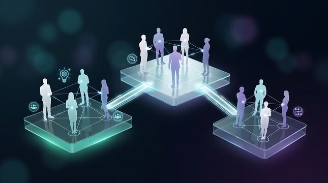 Global business team interacting with holographic digital network interface displaying professional connections and collaborative knowledge sharing icons for enterprise communication systems