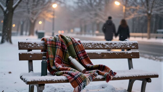 Snowy bench with blanket and thermoses, warm lights glow in winter evening.