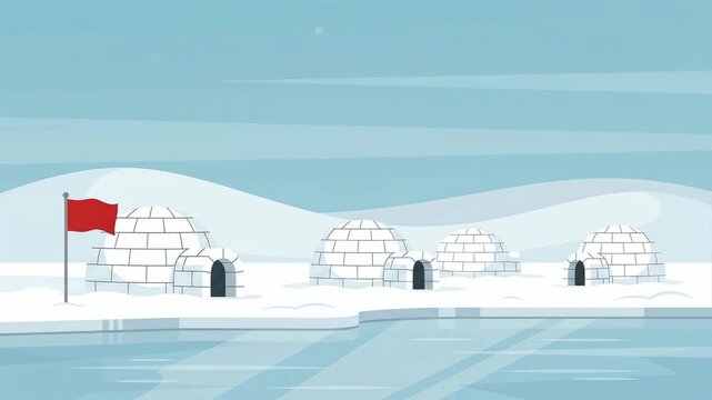 Flag Fluttering by Igloos on Frozen Shore, Animation
