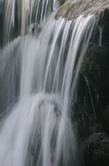 Vertical long exposure of a waterfall flowing over a rock ledge, framed by dark green moss and forest shadows. © Sergio