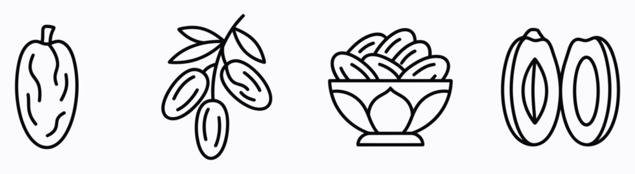 Dates sweet dried fruit line icons set displaying single date palm branch and product bowl layout.
