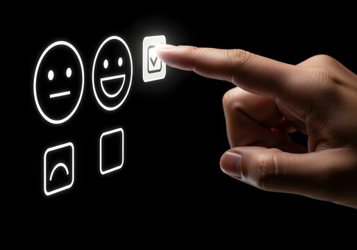 Person pressing a touch screen button to select a positive feedback smiley face icon